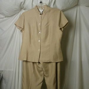 Talbots 100% Silk Tan Button Up Shirt and Pant Set